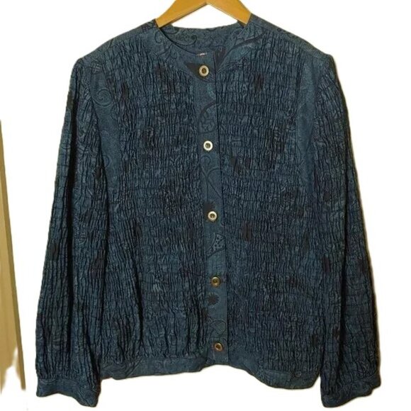 Vintage Boho Smocked Wrinkled Rich Denim Jacket Embroidered Gene Ewing BIS - Picture 1 of 8